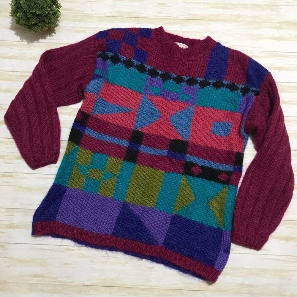 Chu Vintage 80s 90s Mohair Geometric Color Block Oversized Sweater Size Medium